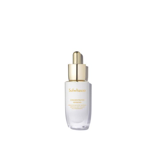 Opaque white glass dropper bottle with gold cap featuring brightening ginseng formula text