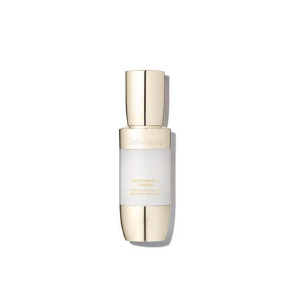 Elegant white and gold serum bottle showcasing a brightening skincare product with premium radiance-boosting formula