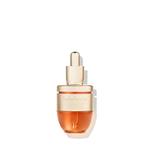Compact golden ampoule bottle with rich amber serum inside, highlighting collagen-boosting skincare benefits
