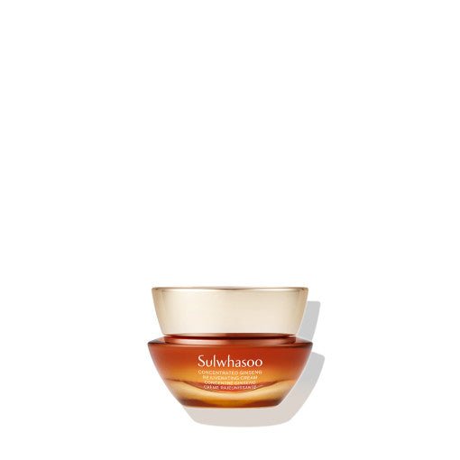 Amber jar of ginseng renewing cream with smooth, glossy finish highlighting hydration boost benefits on white backdrop