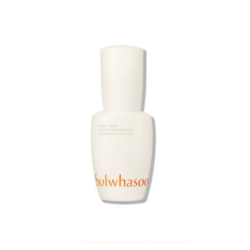 Matte white bottle of serum with minimalistic text and bright orange brand name against white background