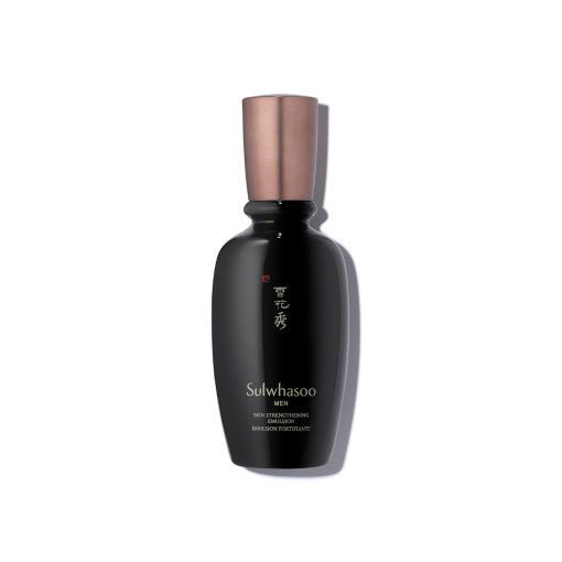 Black bottle of men’s skin-strengthening emulsion with bronze cap emphasizing moisture retention benefits on white background