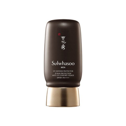 Matte dark brown tube with gold cap of SPF50+ PA++++ sun protection lotion for men offering effective defense