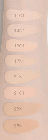 Eight elongated swatches of cushion foundation shades in neutral tones labeled 11C1 to 25N1 on light skin background