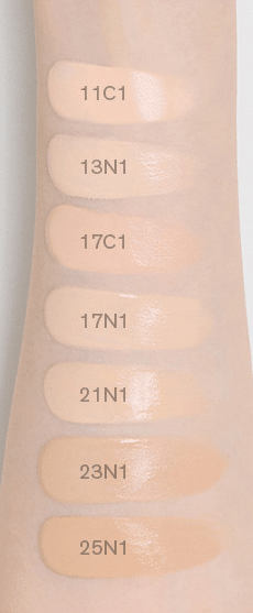 Swatches of seven Sulwhasoo foundation shades on arm from light to medium with radiant finish and smooth texture
