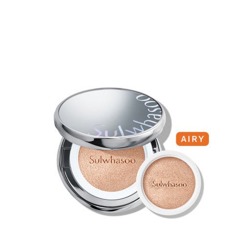 Compact cushion foundation with lightweight coverage and reflective silver lid beside a refill cushion pad