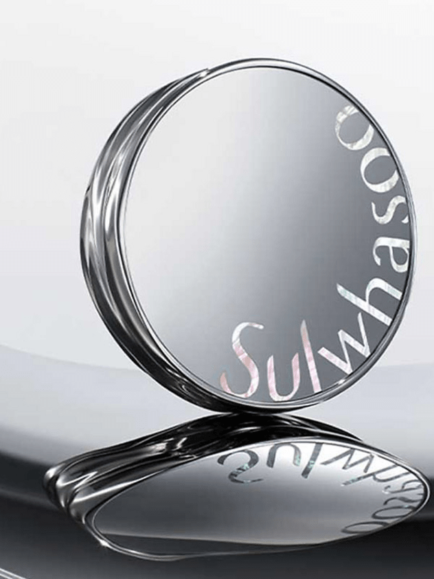 Sleek reflective compact case with subtle curved edges and partial brand name on silver surface on light background