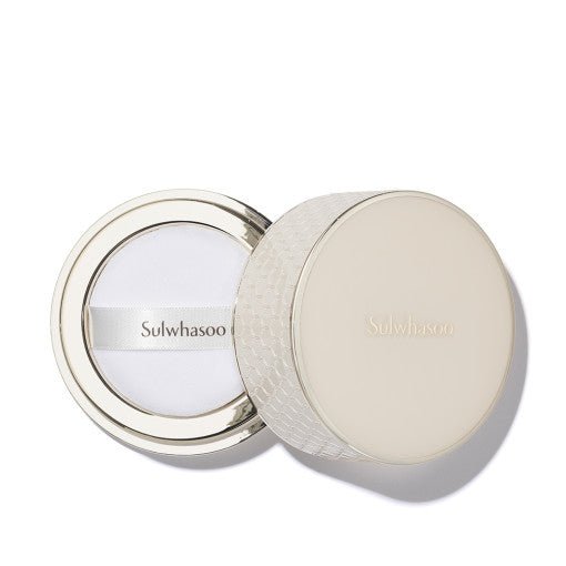 Luxury compact powder case with textured sides and smooth finish puff for flawless skin application