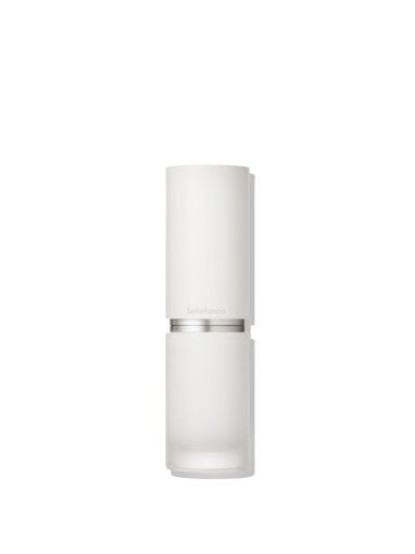 Minimalist frosted white serum bottle with silver band on plain white background showcasing smooth skin benefits