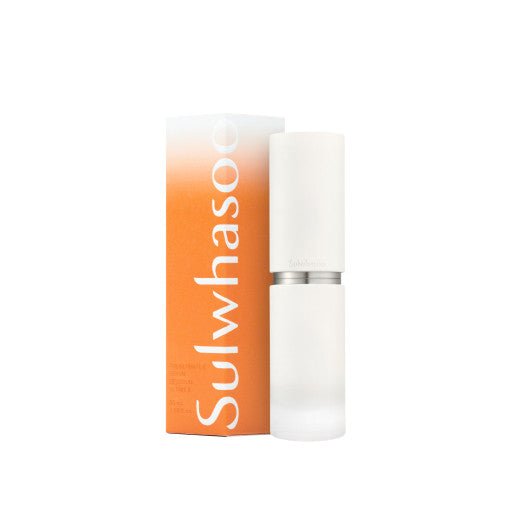 Frosted glass serum bottle with white cap beside orange gradient box featuring bold white lettering