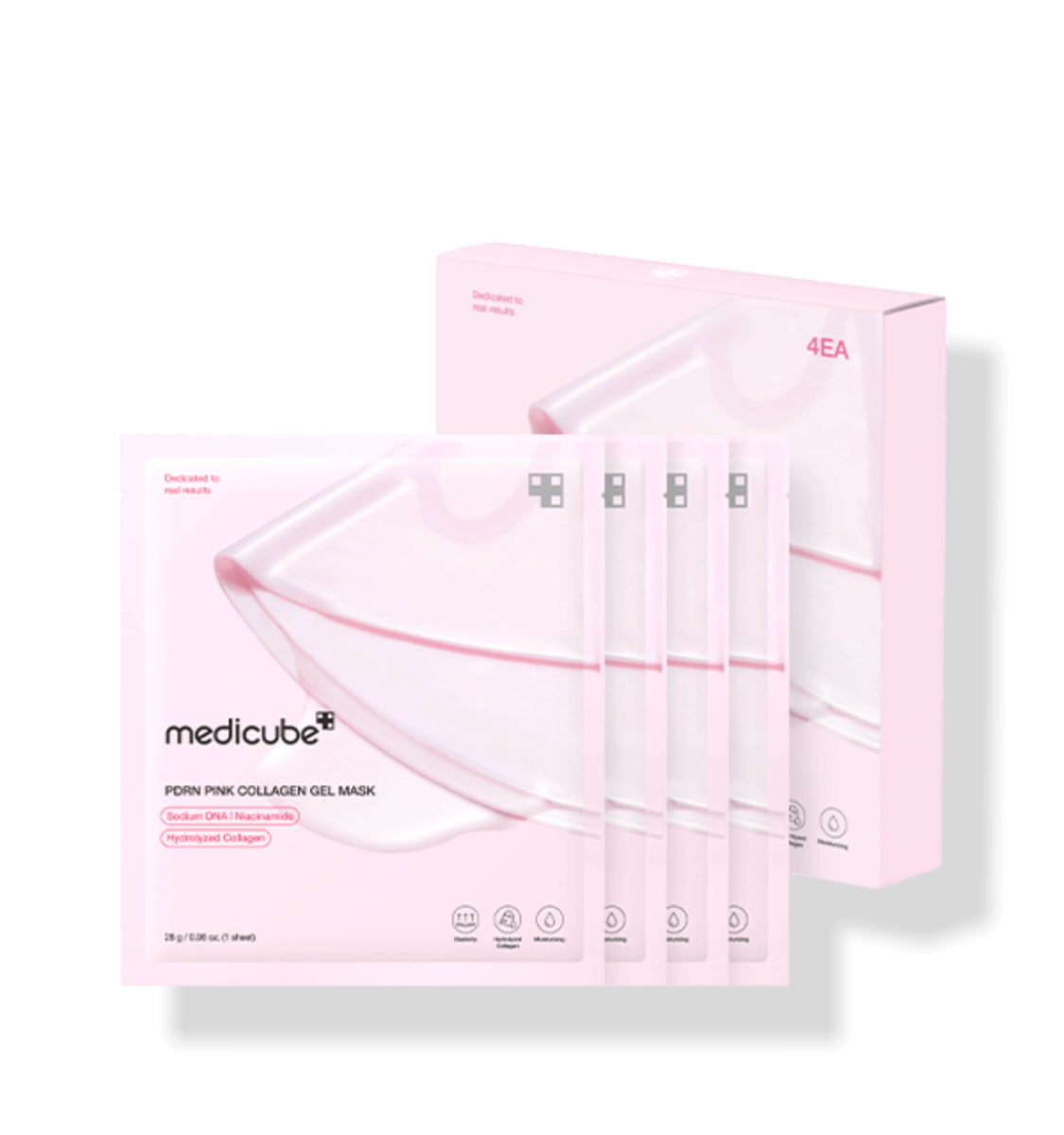 medicube PDRN Pink Collagen Gel Mask 28g X 4ea pink packaging with four gel mask sheets for hydration boost care