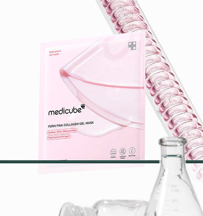 medicube PDRN Pink Collagen Gel Mask 28g X 4ea in pink packaging with hydration boost and collagen benefits displayed