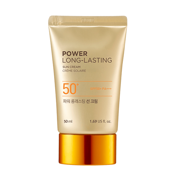 Gold-toned tube of long-lasting sun cream with SPF50+ and broad spectrum protection on white background