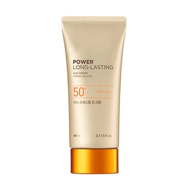 Beige tube of broad protection long-lasting sun cream with orange cap and SPF50+ PA+++ label on white background