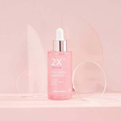 Pink glass dropper bottle of collagen ampoule with silver cap promoting improved skin firmness on soft blush background