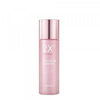 Pink translucent bottle with metallic cap containing collagen booster serum for enhanced skin elasticity benefits
