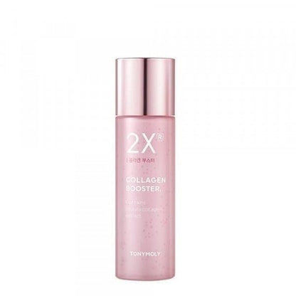 Pink translucent bottle with metallic cap containing collagen booster serum for enhanced skin elasticity benefits