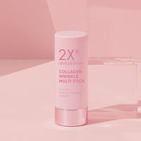 Pink collagen wrinkle multi stick with metallic rose gold base promoting enhanced skin elasticity benefits