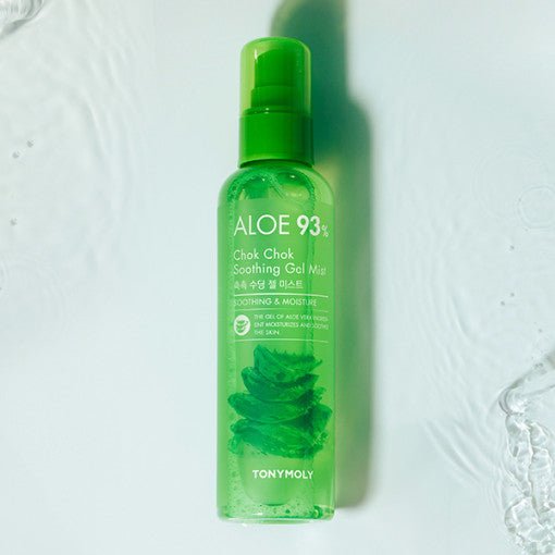 Green spray bottle of aloe gel mist with hydration benefits and soothing aloe leaf illustration on clear background