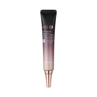 Gradient pink and black tube of peptide eye solution with gold-tone applicator tip and subtle anti-wrinkle benefits text