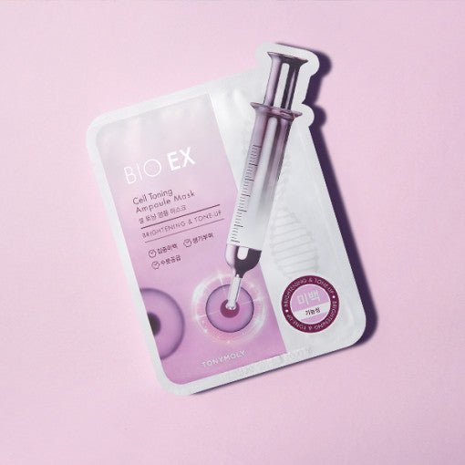 Facial mask sachet with syringe graphic on soft pink background highlighting brightening and tone-up benefits