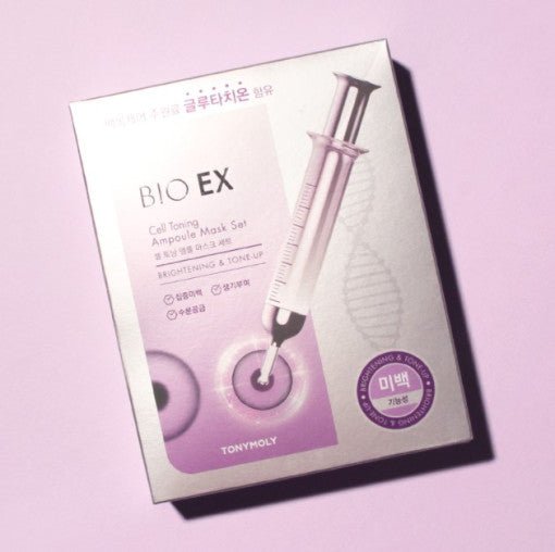 Box of brightening cell toning ampoule masks with syringe graphic on soft purple background