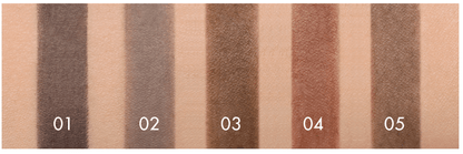 Five swatches of eyebrow pencil shades from light to dark on skin showcasing natural look tones