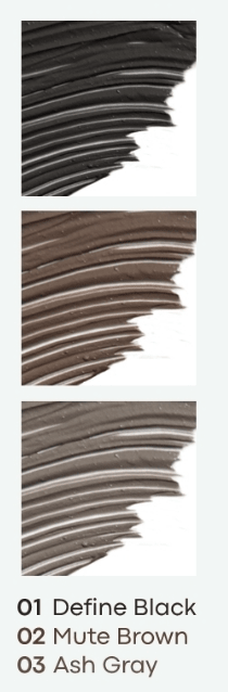 Three textured mascara swatches in black, muted brown, and ash gray showcasing smooth clump-free formula finish