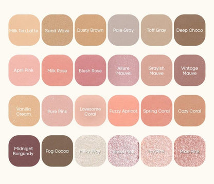 Palette of soft, muted eye shadow shades from light beige to rosy pink and deep burgundy with smooth matte and shimmer textures