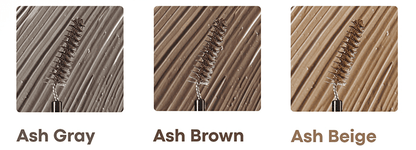 Three brow mascara wands coated with ash gray, ash brown, and ash beige shades against matching textured backgrounds