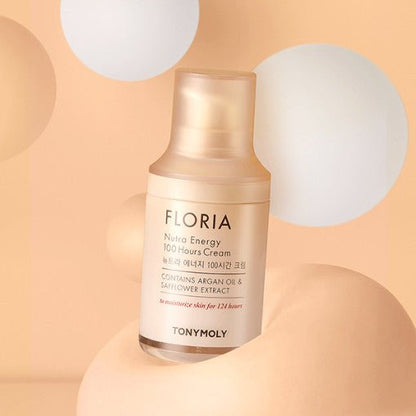 Pearl-toned pump bottle of moisturizing cream with argan and safflower extract for intense hydration benefits