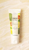 Tube of gentle cleansing foam cleanser featuring avocado illustrations on light background promoting fresh skincare