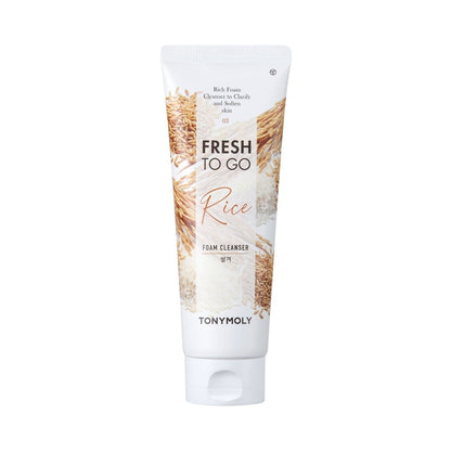 White tube of gentle foam cleanser featuring rice grain graphics and minimalist text design on white background