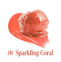 Coral-colored glossy balm swatch with smooth, shiny texture highlighting a radiant, tinted lip finish