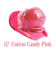 Glossy pink tinted balm swatch labeled Cotton Candy Pink showcasing smooth, shiny texture and vibrant color finish