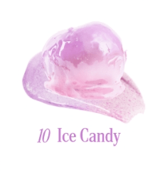 Glossy pink and purple tinted balm swatch with smooth, shiny texture labeled with shade number 10 Ice Candy