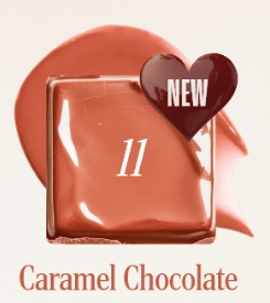 Glossy caramel chocolate tinted balm swatch with smooth texture and heart-shaped label indicating new shade 11