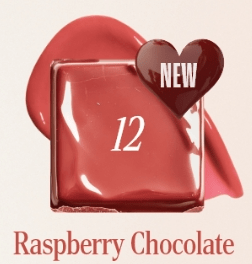 Glossy raspberry chocolate tinted balm swatch in square container with heart-shaped label marked new and number 12