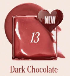 Glossy deep brown lip tint swatch labeled number 13 with a "new" heart accent and dark chocolate shade name