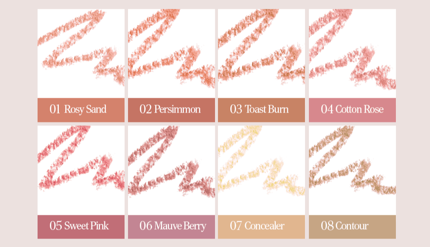 Set of versatile lip liner shades including Rosy Sand, Persimmon, Toast Burn, Cotton Rose, Sweet Pink, Mauve Berry, Concealer, and Contour.