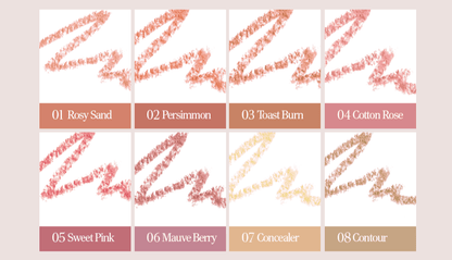 Set of versatile lip liner shades including Rosy Sand, Persimmon, Toast Burn, Cotton Rose, Sweet Pink, Mauve Berry, Concealer, and Contour.