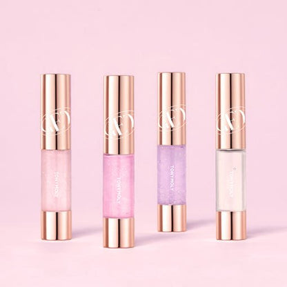 Four slim lip tint tubes with shiny rose gold caps and bases in varying soft pastel shades on pink background
