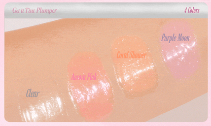 Four glossy lip tint shades applied on skin swatches labeled Clear, Aurora Pink, Coral Shower, and Purple Moon with a shiny finish