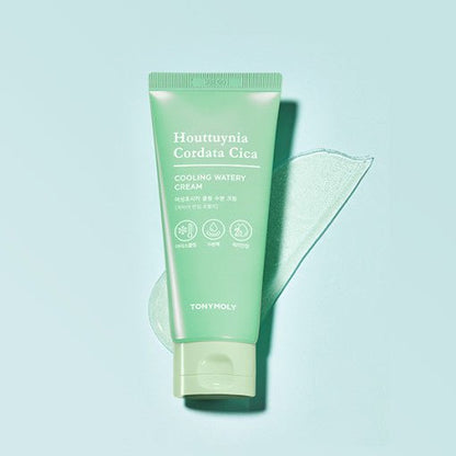 Light green tube of cooling watery cream with smooth gel texture swatch on pale blue background