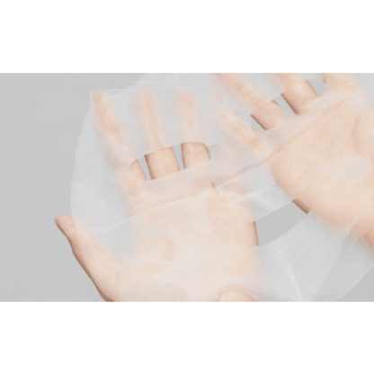 Transparent sheet mask held between hands highlighting lightweight, soothing relief and calming skincare benefits