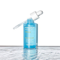 Blue ampoule bottle with dropper highlighting deep hydration and low molecule hyaluron formula benefits