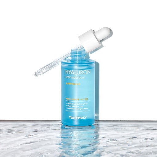 Blue ampoule bottle with dropper highlighting deep hydration and low molecule hyaluron formula benefits