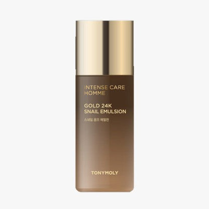 Brown and gold emulsion bottle with hydrating snail extract formula for intense skin care benefits