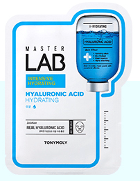 Blue and white facial sheet mask package featuring hyaluronic acid for intensive hydrating skincare benefits