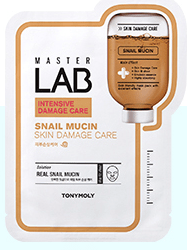 Packaging of a hydrating sheet mask featuring snail mucin formula for intensive skin damage care and repair.